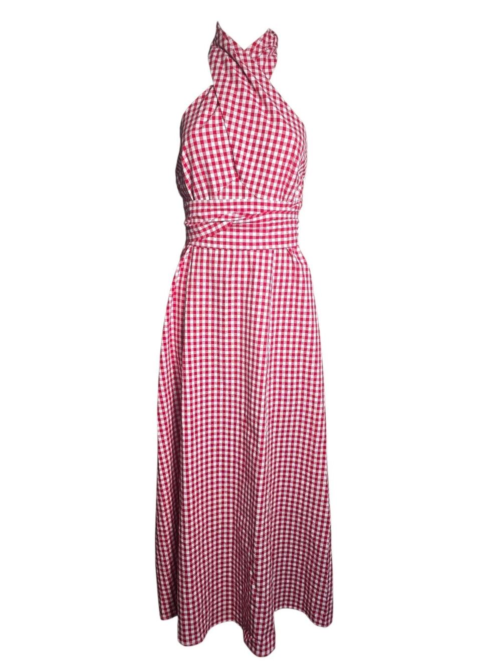 Commense Red Gingham Halter Cotton Maxi Dress Small NWT